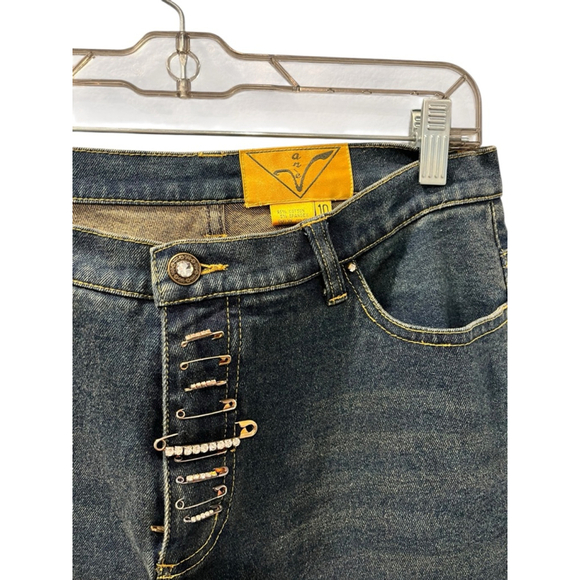 Ane' V Y2k Vintage Rhinestone Safety Pin Denim Blue Jeans Size 10 Bling Distress - Picture 2 of 9